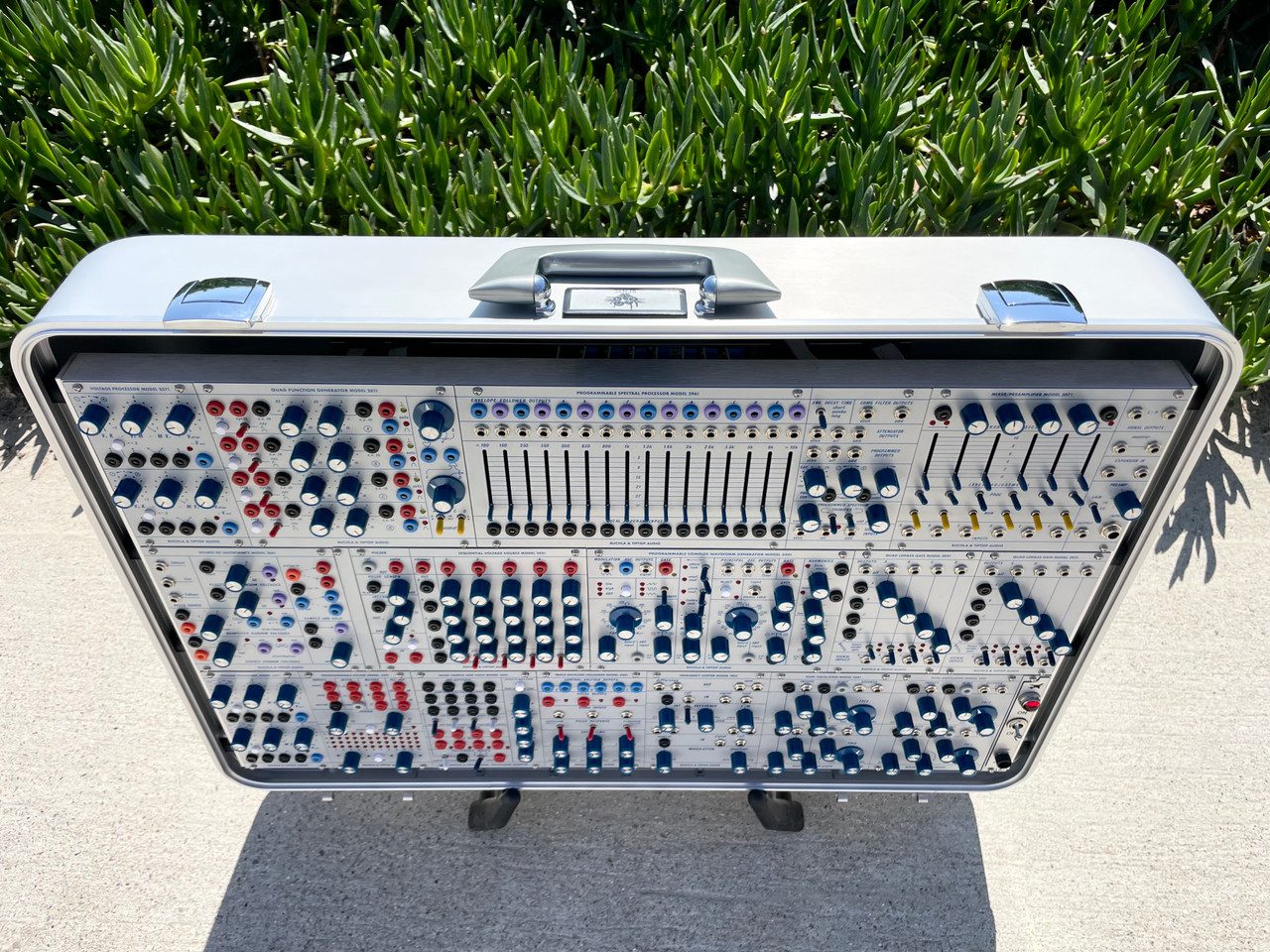 Buchla Tiptop 200t series with BPNYC ZERO Halliburton Eurorack Modular Travel Case NOS SILVER 122hp 9U